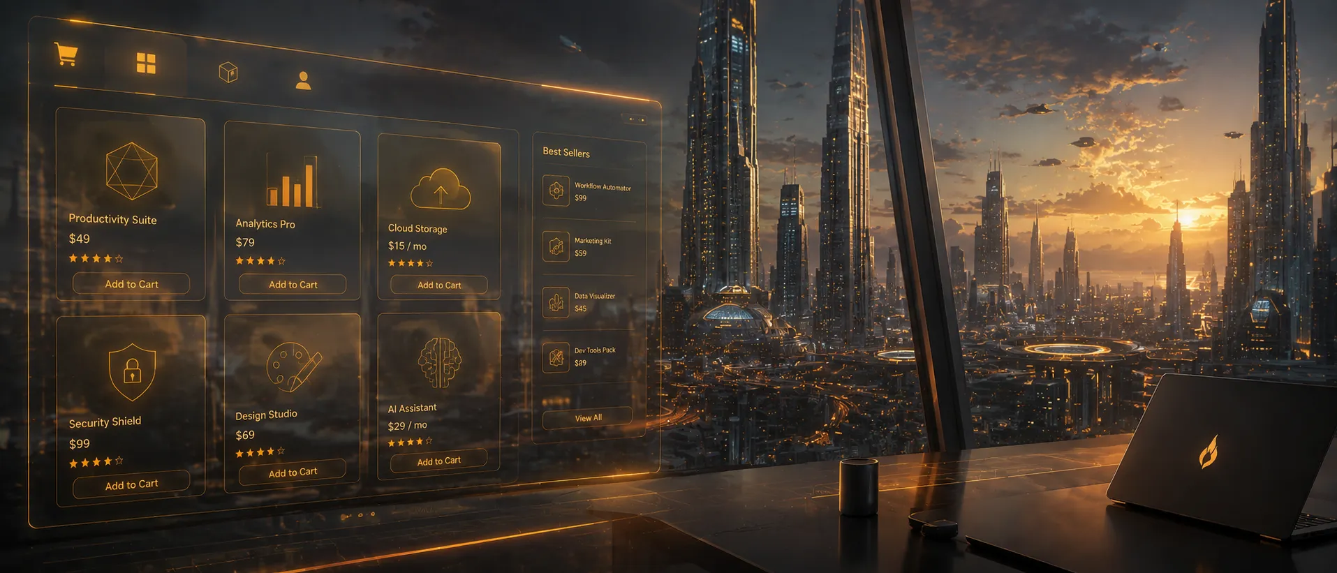 A holographic Ember storefront overlooking a golden-lit future city at sunset